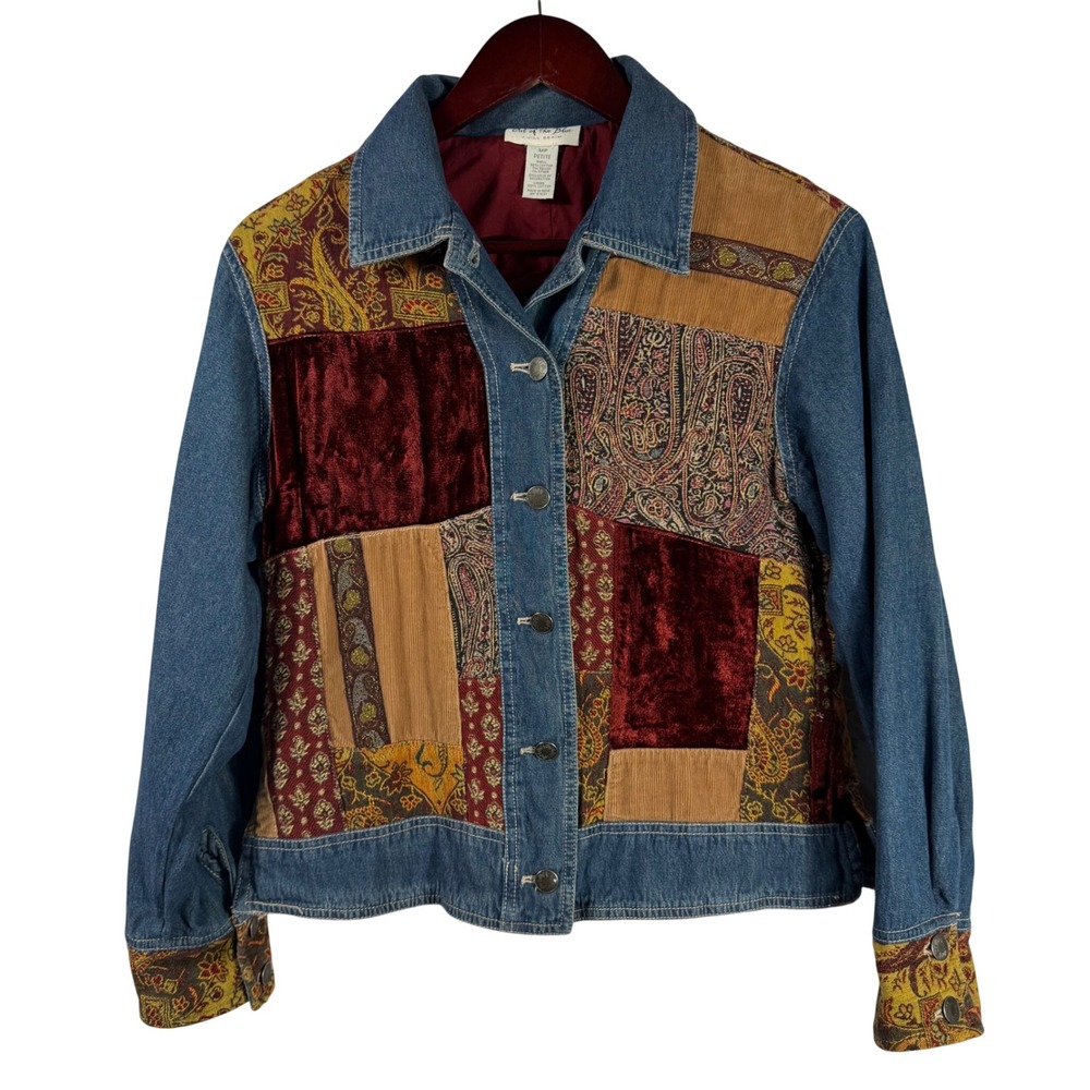 J.‎ Jill Cut of the Blue Patchwork Women's Denim Jacket Petite Medium Tapestry